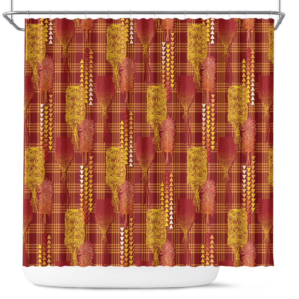 Aloha Hawaii Vintage Kahili Pa'a Lima Shower Curtain Palaka Print Hilo Royal Red-Yellow