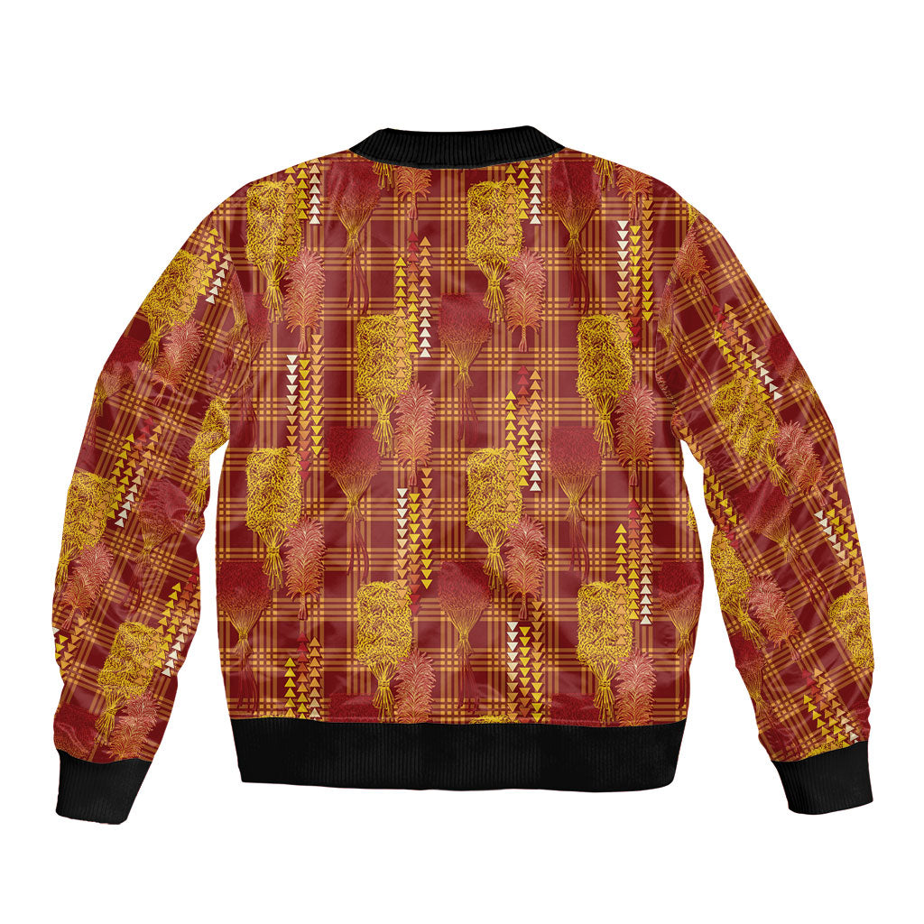 Aloha Hawaii Vintage Kahili Pa'a Lima Sleeve Zip Bomber Jacket Palaka Print Hilo Royal Red-Yellow