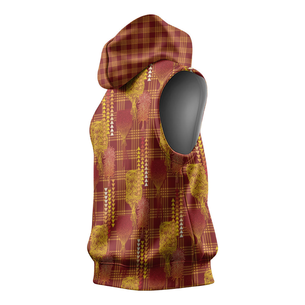 Aloha Hawaii Vintage Kahili Pa'a Lima Sleeveless Hoodie Palaka Print Hilo Royal Red-Yellow