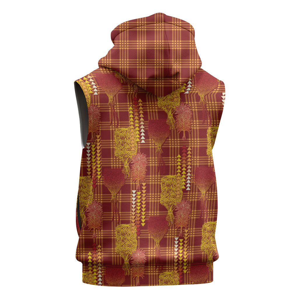 Aloha Hawaii Vintage Kahili Pa'a Lima Sleeveless Zip Hoodie Palaka Print Hilo Royal Red-Yellow