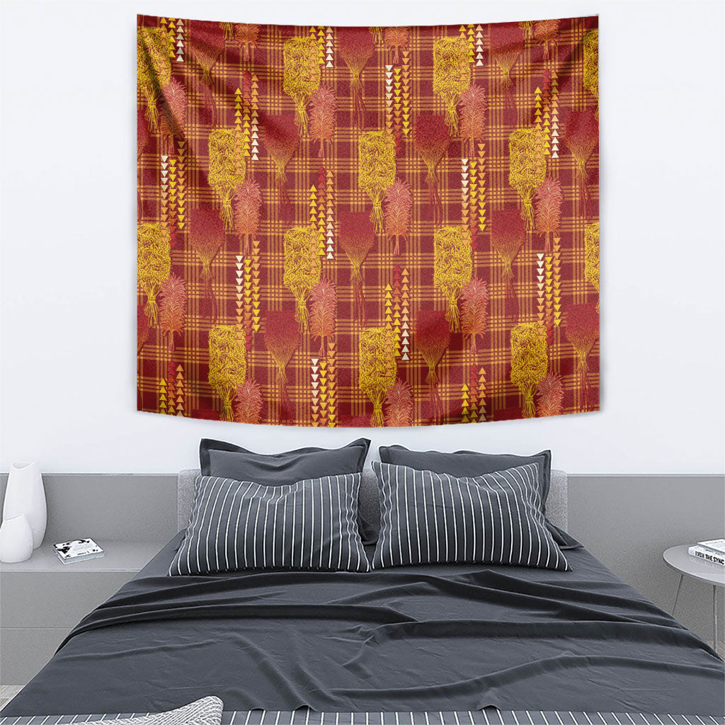 Aloha Hawaii Vintage Kahili Pa'a Lima Tapestry Palaka Print Hilo Royal Red-Yellow