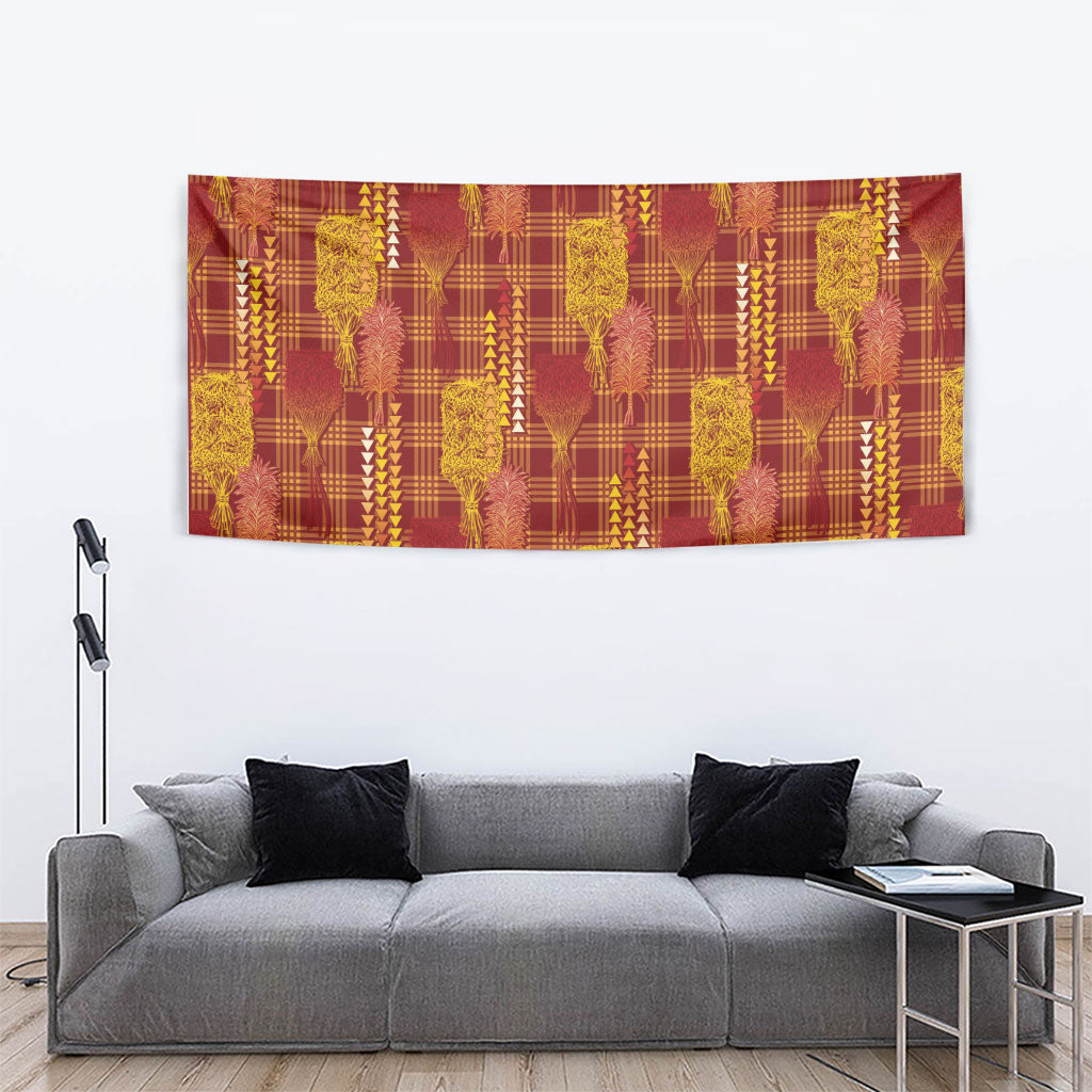 Aloha Hawaii Vintage Kahili Pa'a Lima Tapestry Palaka Print Hilo Royal Red-Yellow