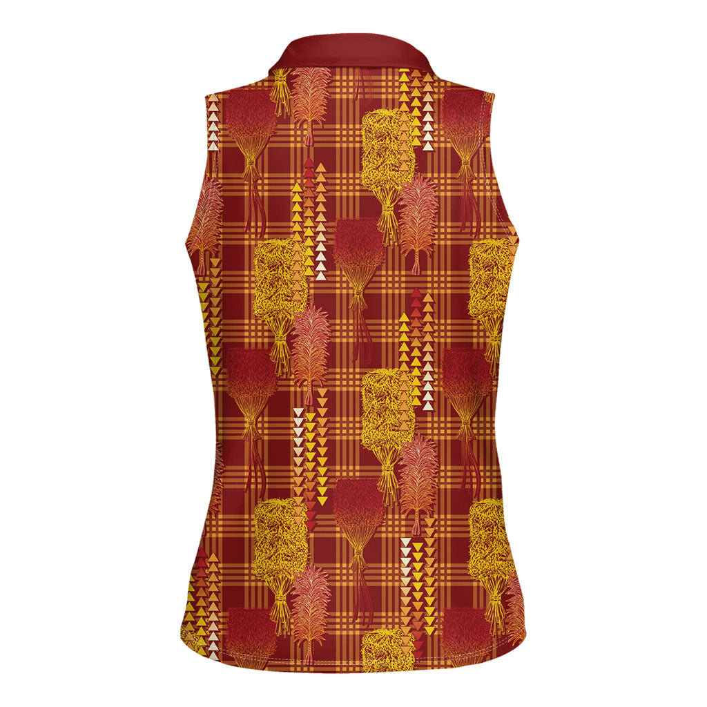Aloha Hawaii Vintage Kahili Pa'a Lima Women Sleeveless Polo Shirt Palaka Print Hilo Royal Red-Yellow