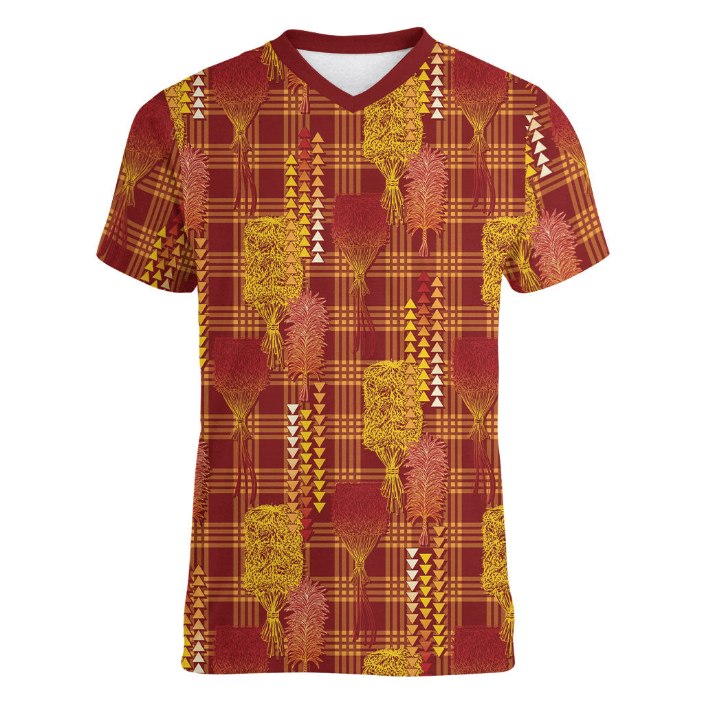 Aloha Hawaii Vintage Kahili Pa'a Lima Women V-Neck T-Shirt Palaka Print Hilo Royal Red-Yellow LT7 Female Red - Polynesian Pride