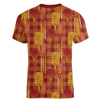 Aloha Hawaii Vintage Kahili Pa'a Lima Women V-Neck T-Shirt Palaka Print Hilo Royal Red-Yellow