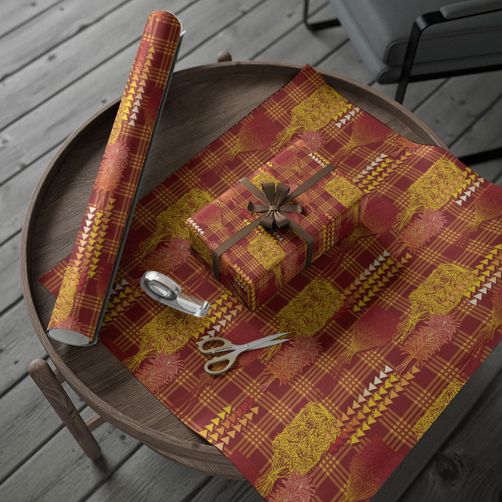 Aloha Hawaii Vintage Kahili Pa'a Lima Wrapping Paper Palaka Print Hilo Royal Red-Yellow