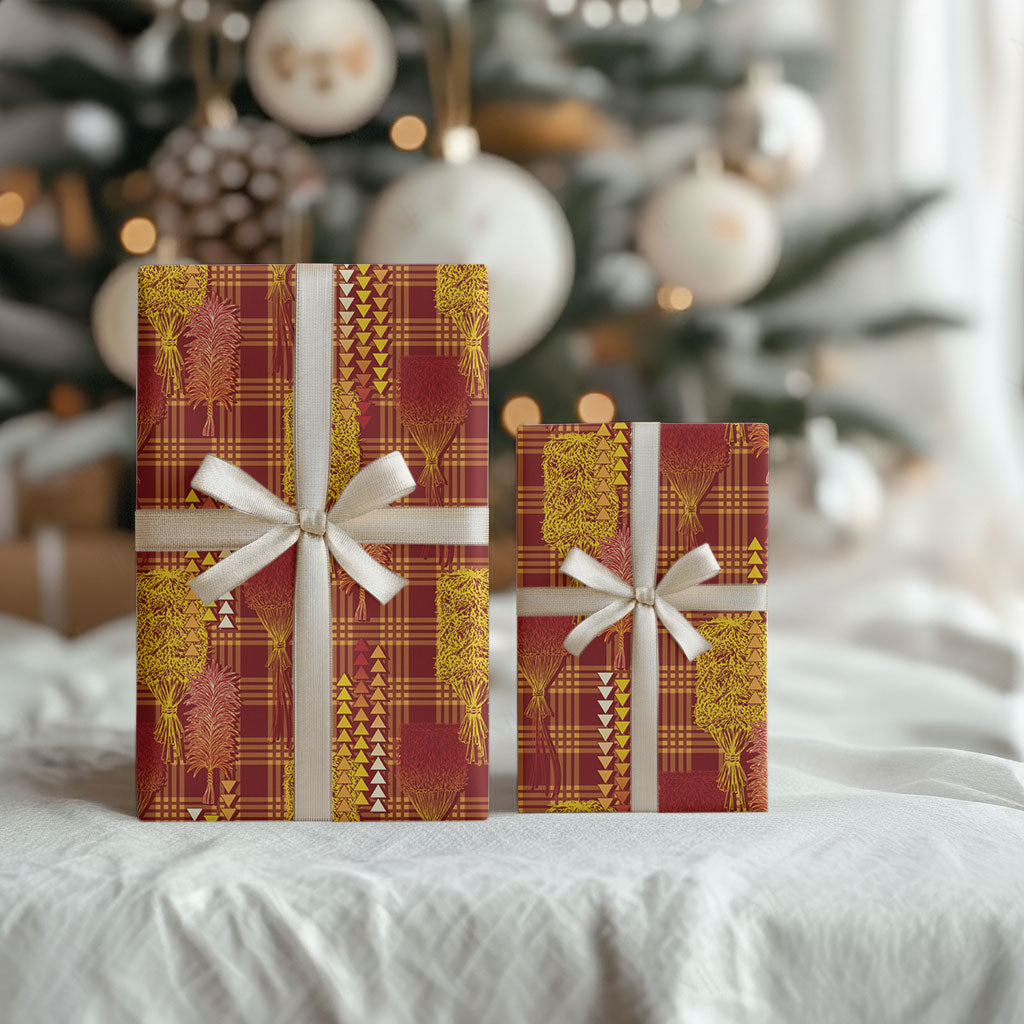 Aloha Hawaii Vintage Kahili Pa'a Lima Wrapping Paper Palaka Print Hilo Royal Red-Yellow