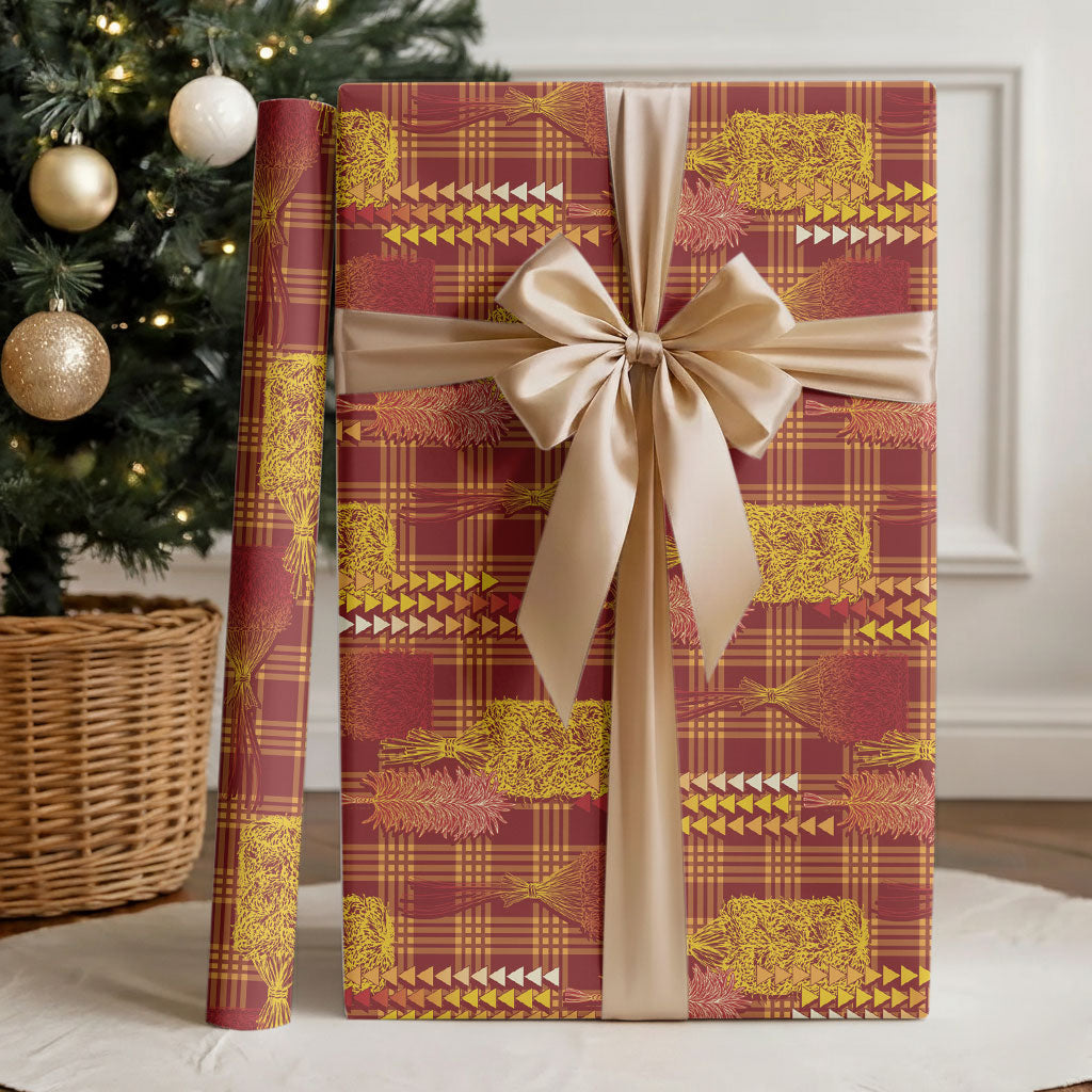 Aloha Hawaii Vintage Kahili Pa'a Lima Wrapping Paper Palaka Print Hilo Royal Red-Yellow