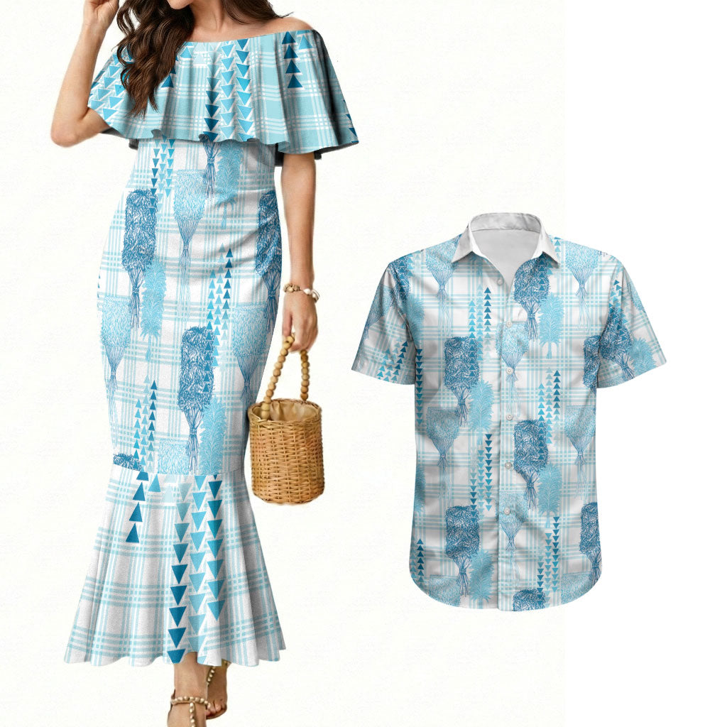 Aloha Hawaii Vintage Kahili Pa'a Lima Couples Matching Mermaid Dress and Hawaiian Shirt Palaka Print Oceanic Turquoise LT7 Turquoise - Polynesian Pride
