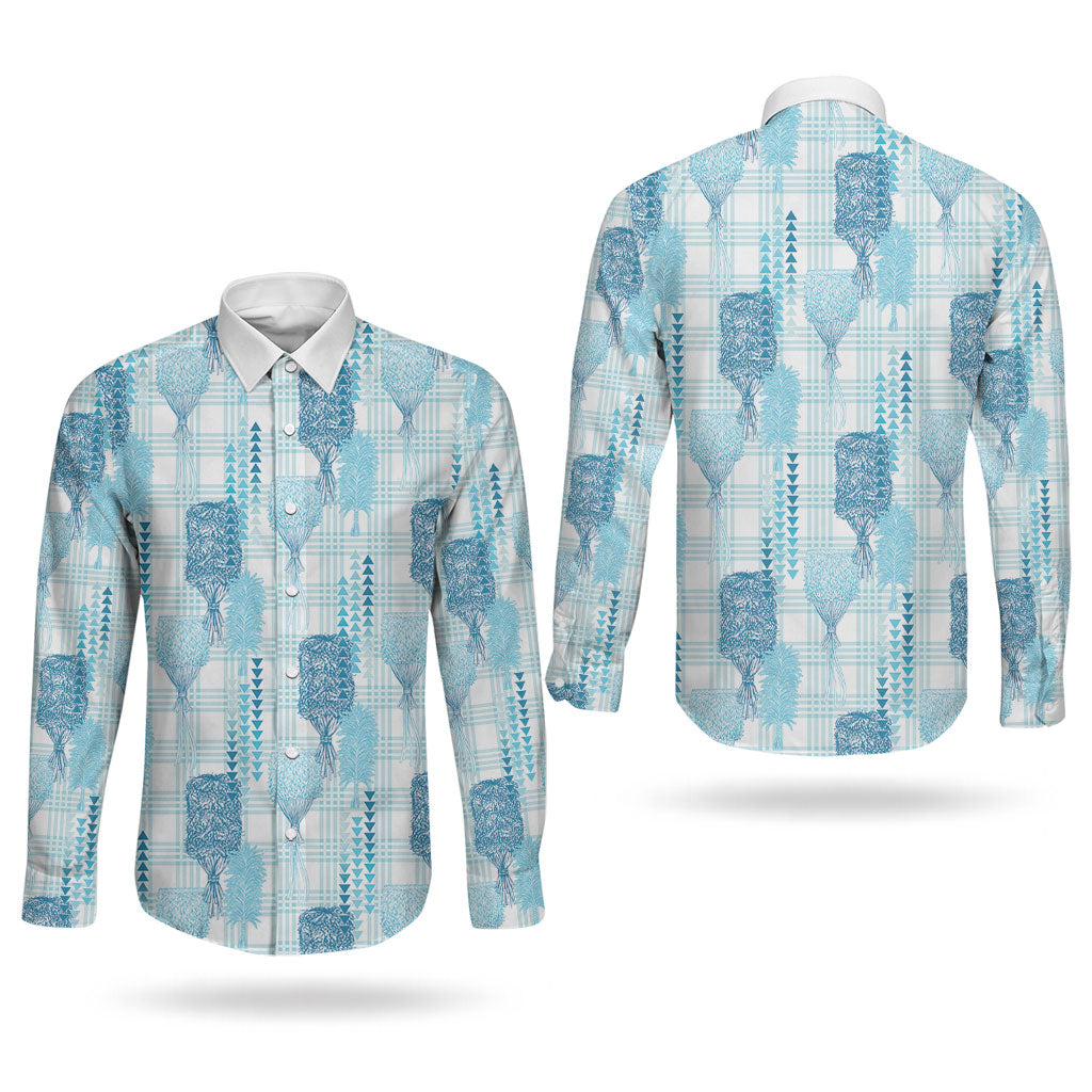 Aloha Hawaii Vintage Kahili Pa'a Lima Couples Matching Off Shoulder Maxi Dress and Long Sleeve Button Shirt Palaka Print Oceanic Turquoise