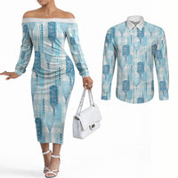 Aloha Hawaii Vintage Kahili Pa'a Lima Couples Matching Off The Shoulder Long Sleeve Dress and Long Sleeve Button Shirt Palaka Print Oceanic Turquoise