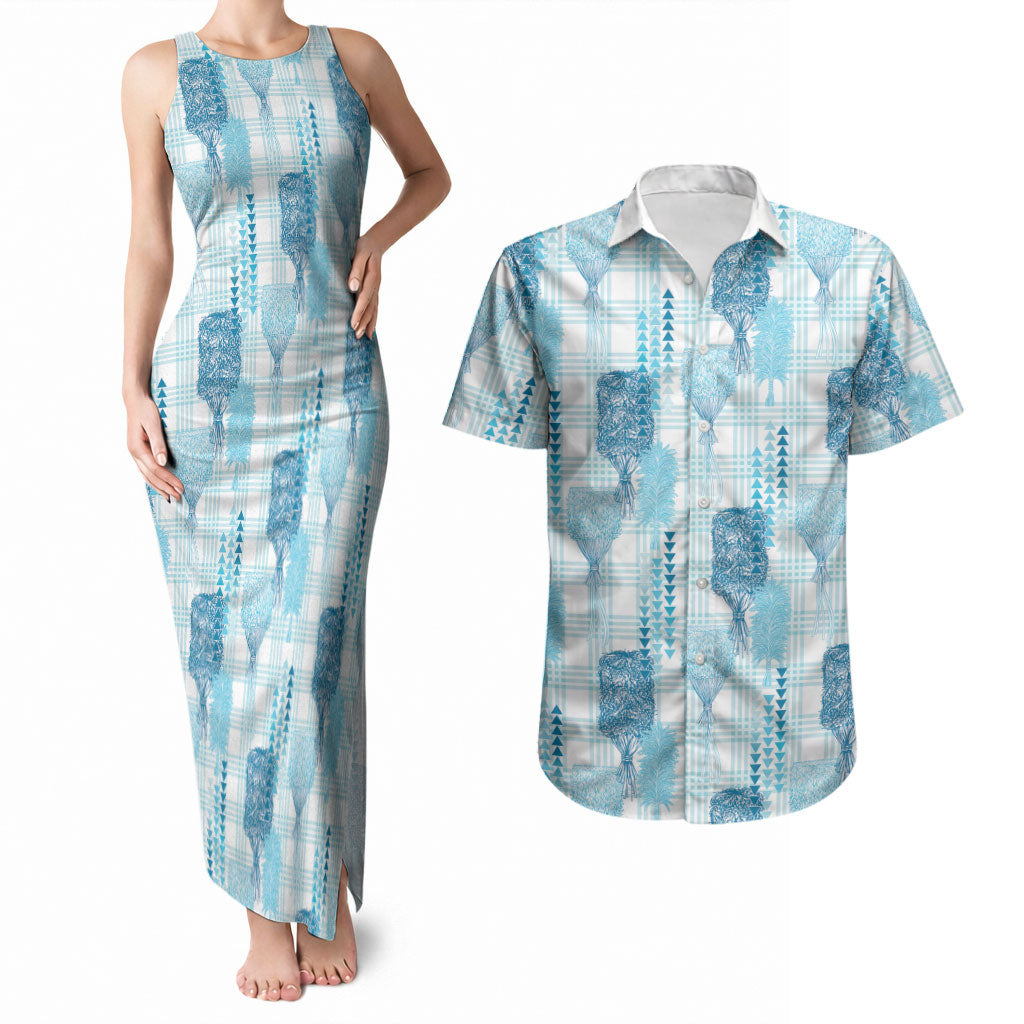 Aloha Hawaii Vintage Kahili Pa'a Lima Couples Matching Tank Maxi Dress and Hawaiian Shirt Palaka Print Oceanic Turquoise LT7 Turquoise - Polynesian Pride