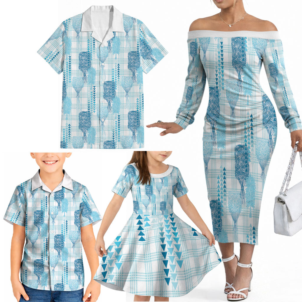 Aloha Hawaii Vintage Kahili Pa'a Lima Family Matching Off The Shoulder Long Sleeve Dress and Hawaiian Shirt Palaka Print Oceanic Turquoise LT7 - Polynesian Pride