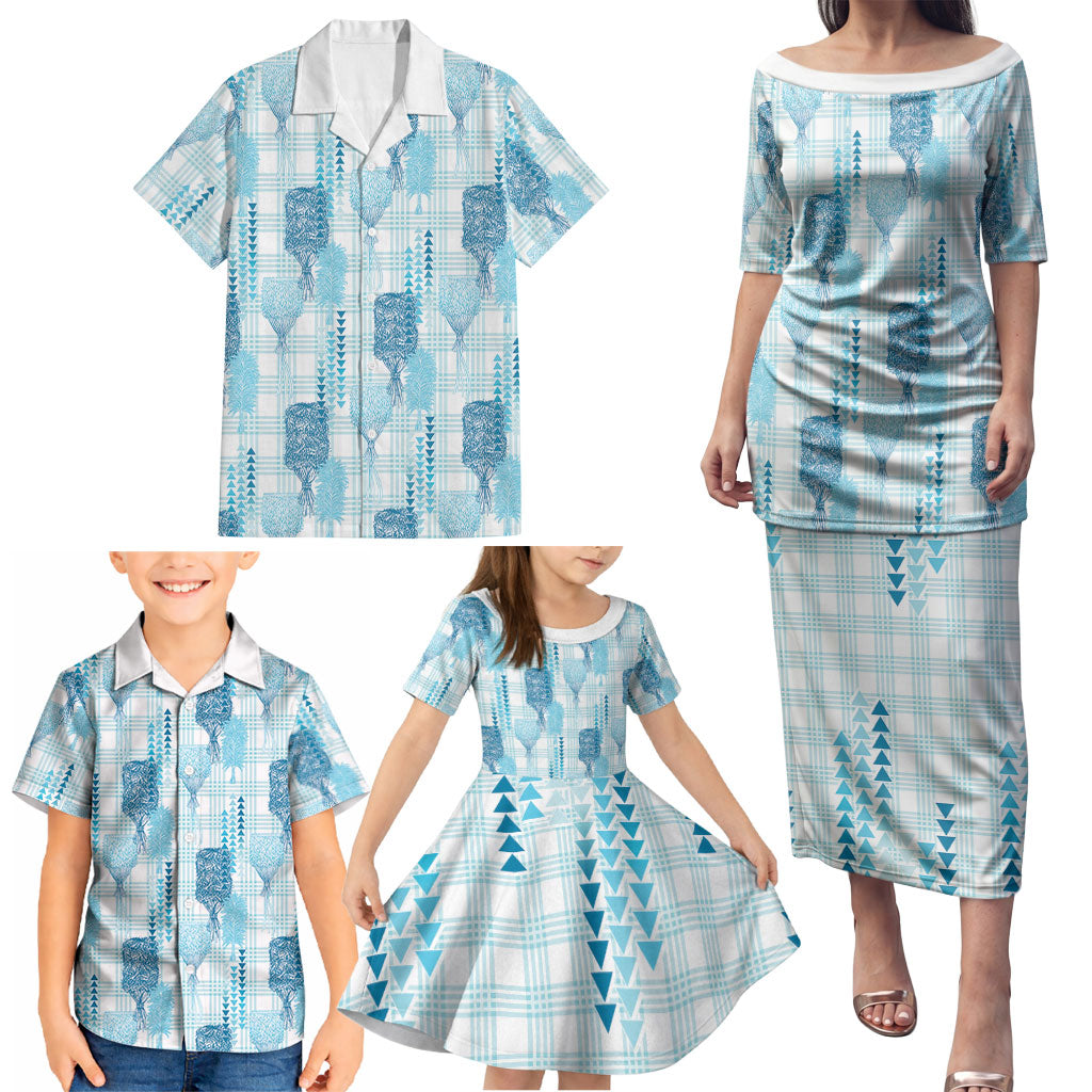 Aloha Hawaii Vintage Kahili Pa'a Lima Family Matching Puletasi and Hawaiian Shirt Palaka Print Oceanic Turquoise LT7 - Polynesian Pride