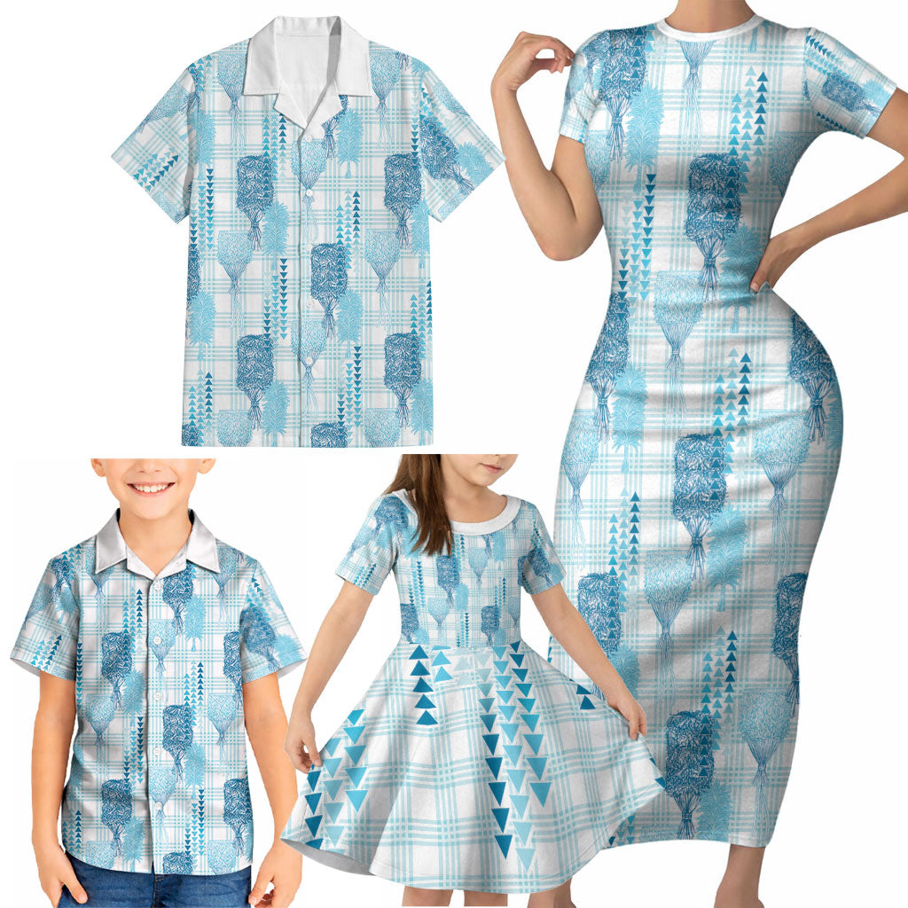 Aloha Hawaii Vintage Kahili Pa'a Lima Family Matching Short Sleeve Bodycon Dress and Hawaiian Shirt Palaka Print Oceanic Turquoise LT7 - Polynesian Pride
