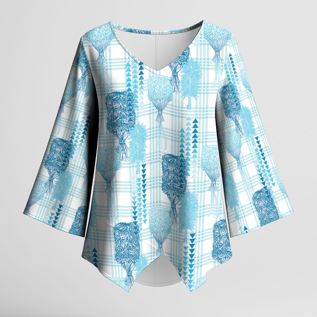 Aloha Hawaii Vintage Kahili Pa'a Lima Kimono Sleeve Blouse Palaka Print Oceanic Turquoise LT7 Female Turquoise - Polynesian Pride