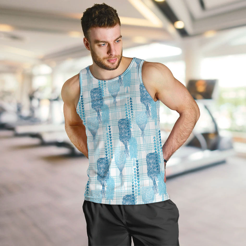 Aloha Hawaii Vintage Kahili Pa'a Lima Men Tank Top Palaka Print Oceanic Turquoise