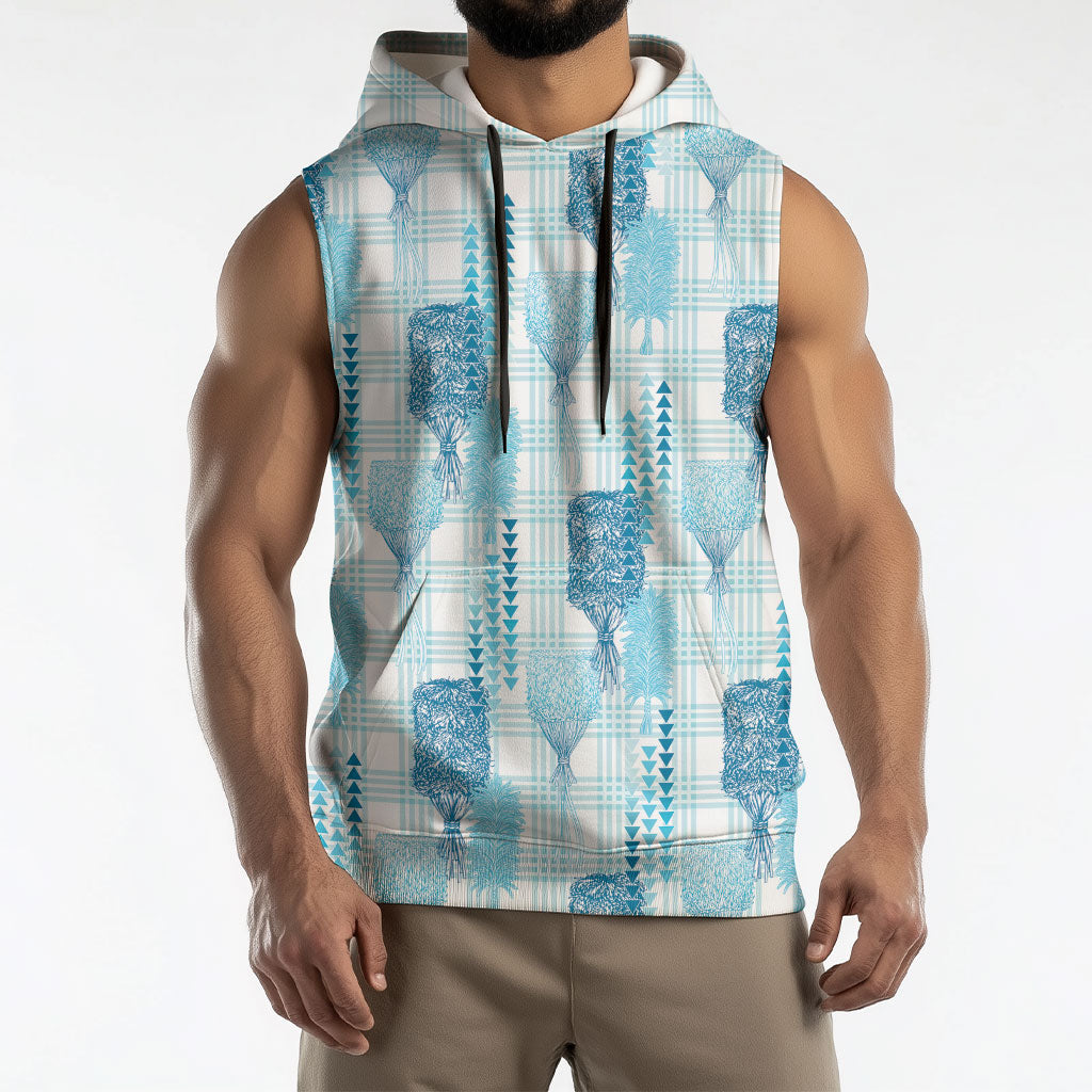 Aloha Hawaii Vintage Kahili Pa'a Lima Sleeveless Hoodie Palaka Print Oceanic Turquoise
