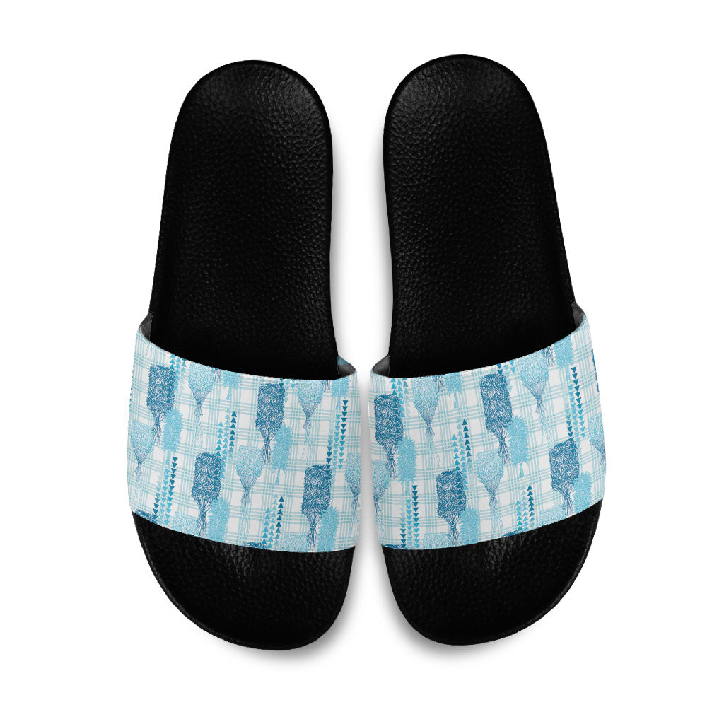 Aloha Hawaii Vintage Kahili Pa'a Lima Slide Sandals Palaka Print Oceanic Turquoise