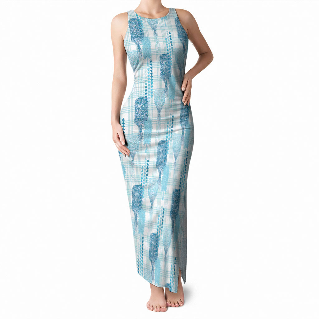 Aloha Hawaii Vintage Kahili Pa'a Lima Tank Maxi Dress Palaka Print Oceanic Turquoise LT7 Women Turquoise - Polynesian Pride