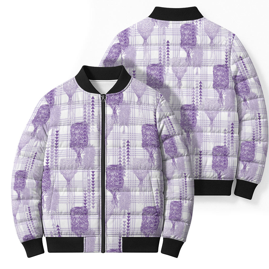 Aloha Hawaii Vintage Kahili Pa'a Lima Bomber Puffer Jacket Palaka Print Pastel Lavender