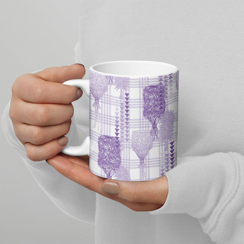 Aloha Hawaii Vintage Kahili Pa'a Lima Ceramic Mug Palaka Print Pastel Lavender