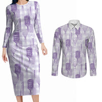 Aloha Hawaii Vintage Kahili Pa'a Lima Couples Matching Long Sleeve Bodycon Dress and Long Sleeve Button Shirt Palaka Print Pastel Lavender