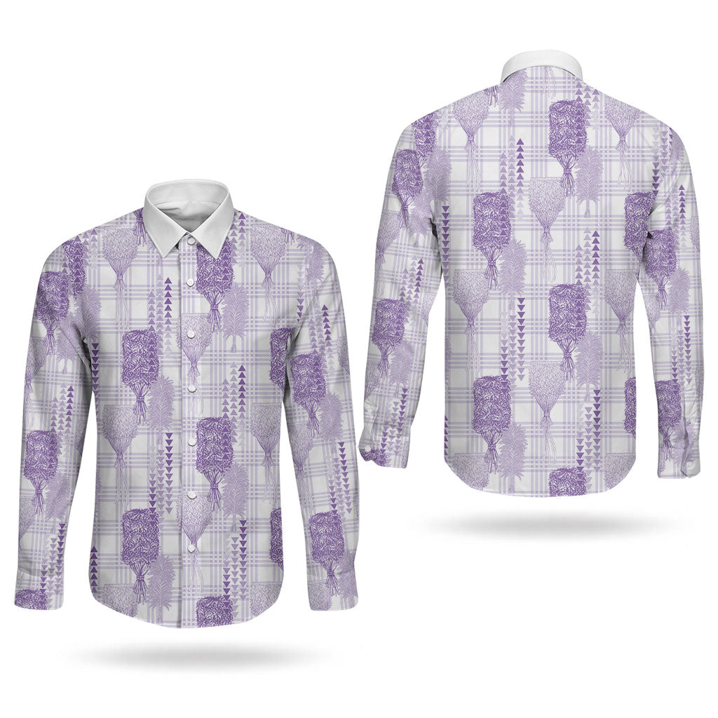 Aloha Hawaii Vintage Kahili Pa'a Lima Couples Matching Mermaid Dress and Long Sleeve Button Shirt Palaka Print Pastel Lavender