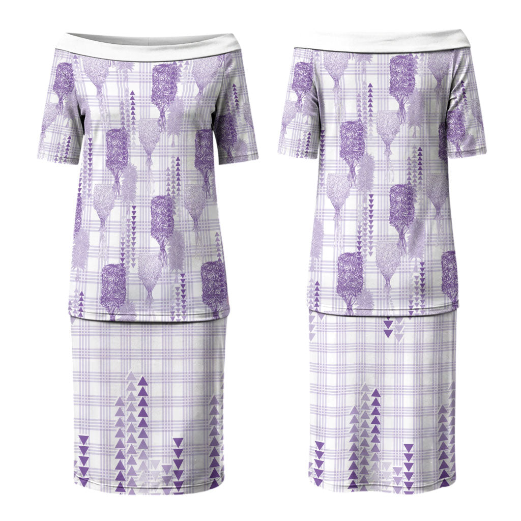 Aloha Hawaii Vintage Kahili Pa'a Lima Couples Matching Puletasi and Hawaiian Shirt Palaka Print Pastel Lavender