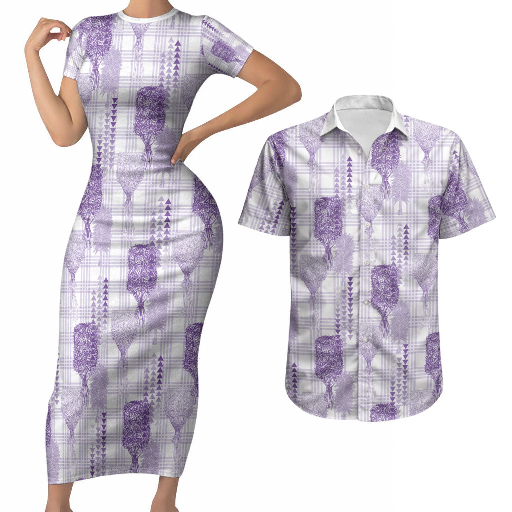Aloha Hawaii Vintage Kahili Pa'a Lima Couples Matching Short Sleeve Bodycon Dress and Hawaiian Shirt Palaka Print Pastel Lavender