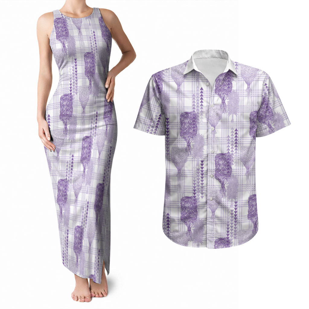 Aloha Hawaii Vintage Kahili Pa'a Lima Couples Matching Tank Maxi Dress and Hawaiian Shirt Palaka Print Pastel Lavender LT7 Lavender - Polynesian Pride