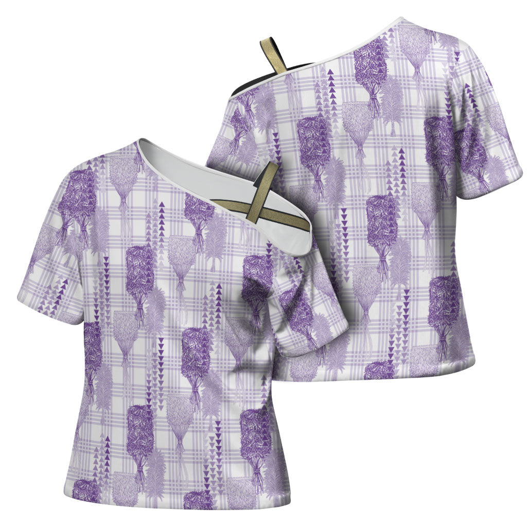 Aloha Hawaii Vintage Kahili Pa'a Lima Cross Shoulder Shirt Palaka Print Pastel Lavender