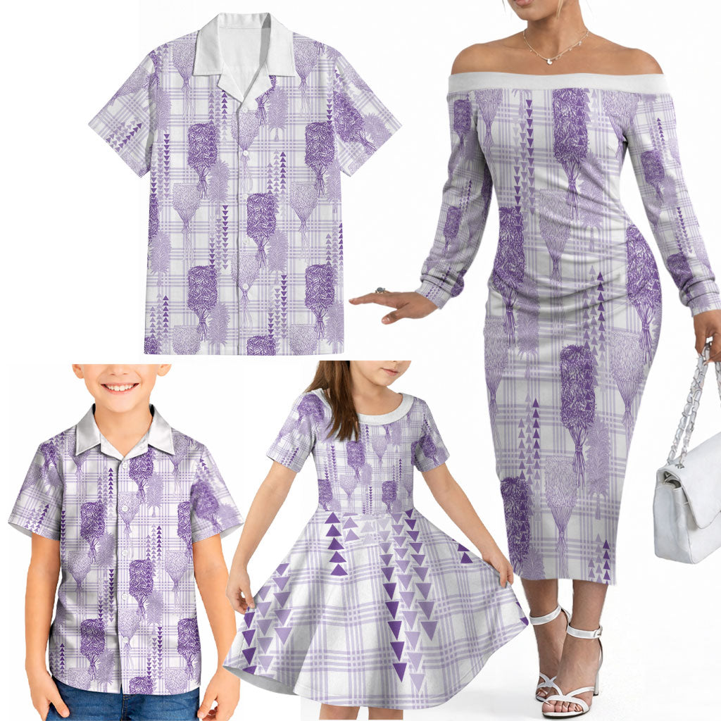 Aloha Hawaii Vintage Kahili Pa'a Lima Family Matching Off The Shoulder Long Sleeve Dress and Hawaiian Shirt Palaka Print Pastel Lavender LT7 - Polynesian Pride
