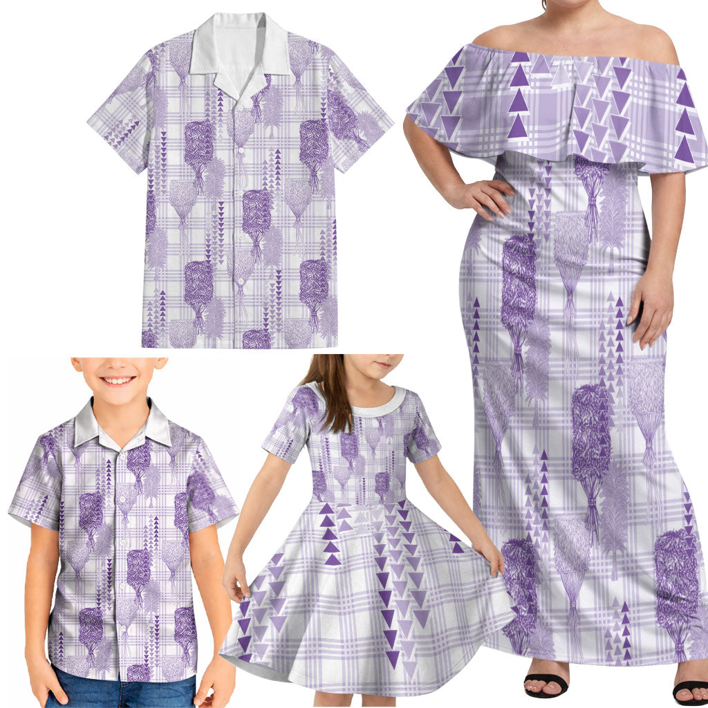 Aloha Hawaii Vintage Kahili Pa'a Lima Family Matching Off Shoulder Maxi Dress and Hawaiian Shirt Palaka Print Pastel Lavender LT7 - Polynesian Pride