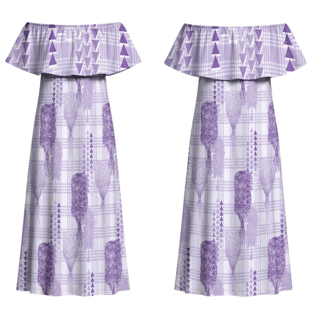 Aloha Hawaii Vintage Kahili Pa'a Lima Family Matching Off Shoulder Maxi Dress and Hawaiian Shirt Palaka Print Pastel Lavender