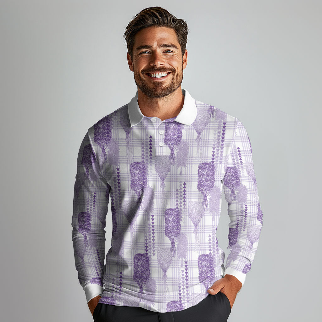 Aloha Hawaii Vintage Kahili Pa'a Lima Long Sleeve Polo Shirt Palaka Print Pastel Lavender