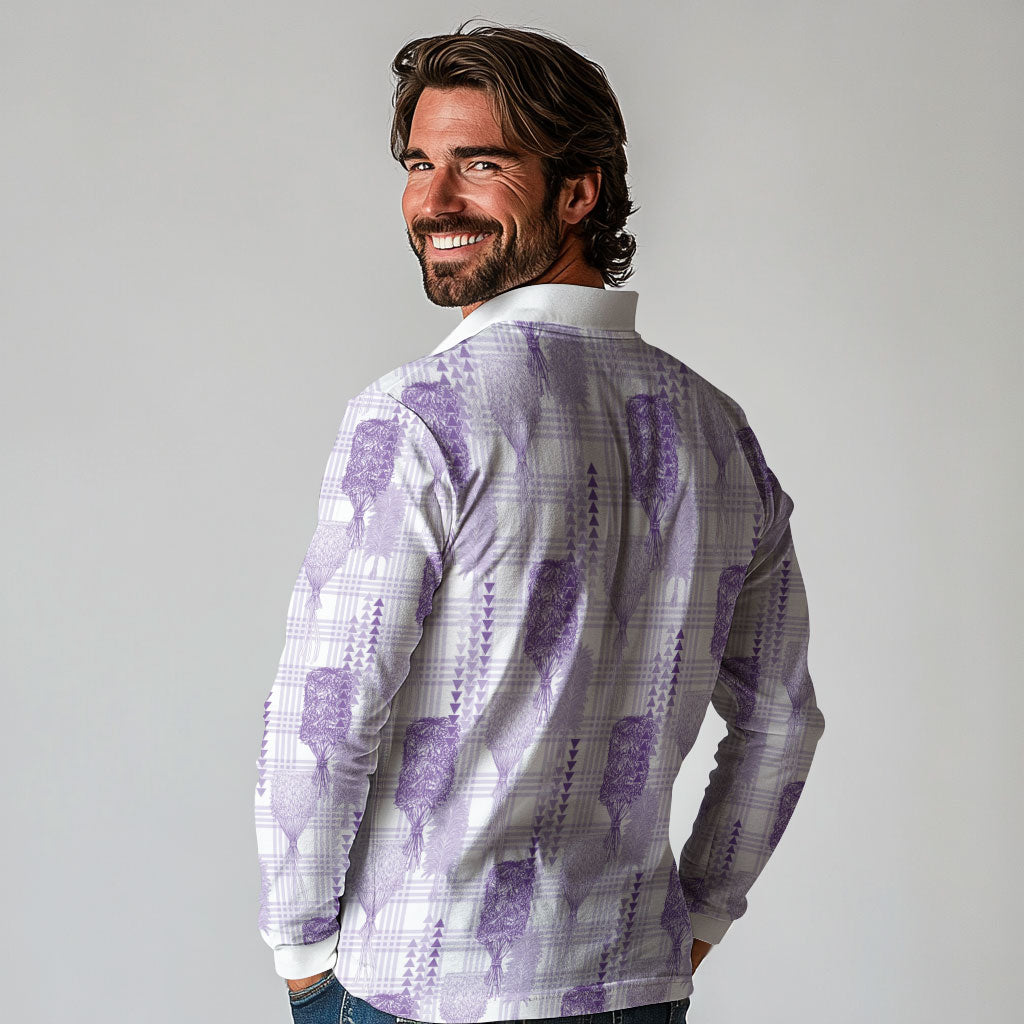 Aloha Hawaii Vintage Kahili Pa'a Lima Long Sleeve Polo Shirt Palaka Print Pastel Lavender