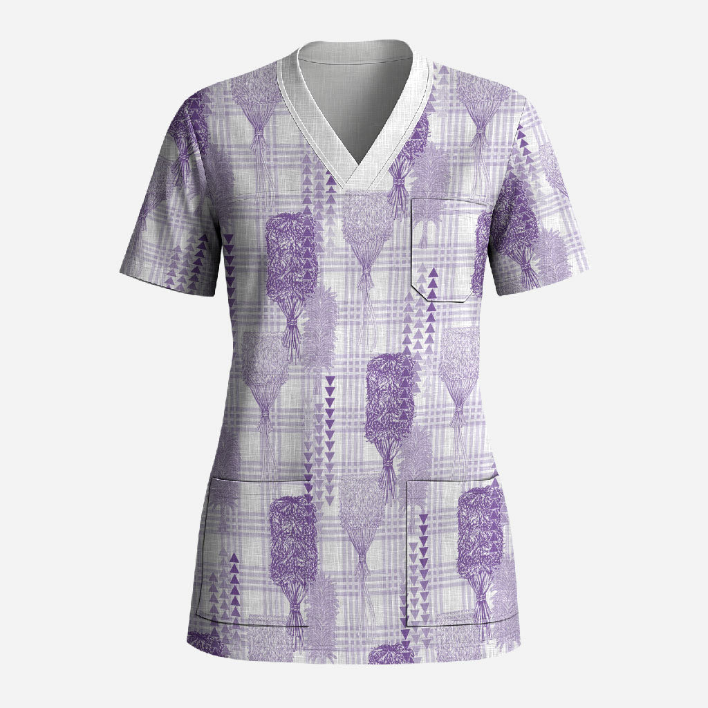 Aloha Hawaii Vintage Kahili Pa'a Lima Scrub Top Palaka Print Pastel Lavender LT7 Adult Lavender - Polynesian Pride