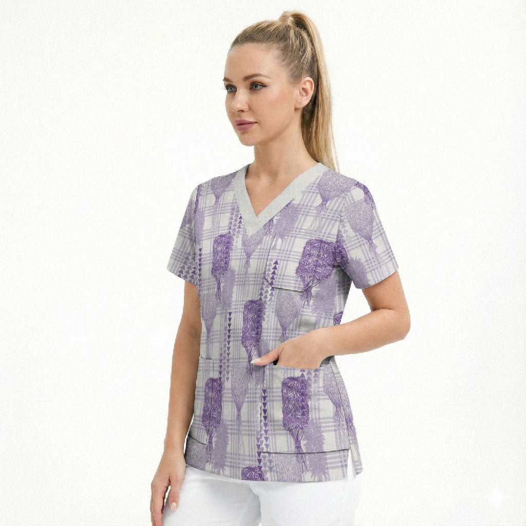 Aloha Hawaii Vintage Kahili Pa'a Lima Scrub Top Palaka Print Pastel Lavender