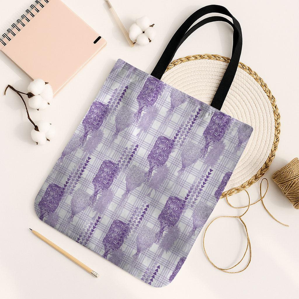 Aloha Hawaii Vintage Kahili Pa'a Lima Tote Bag Palaka Print Pastel Lavender LT7 Black Strap One Size Lavender - Polynesian Pride