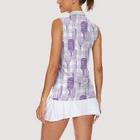Aloha Hawaii Vintage Kahili Pa'a Lima Women Sleeveless Polo Shirt Palaka Print Pastel Lavender