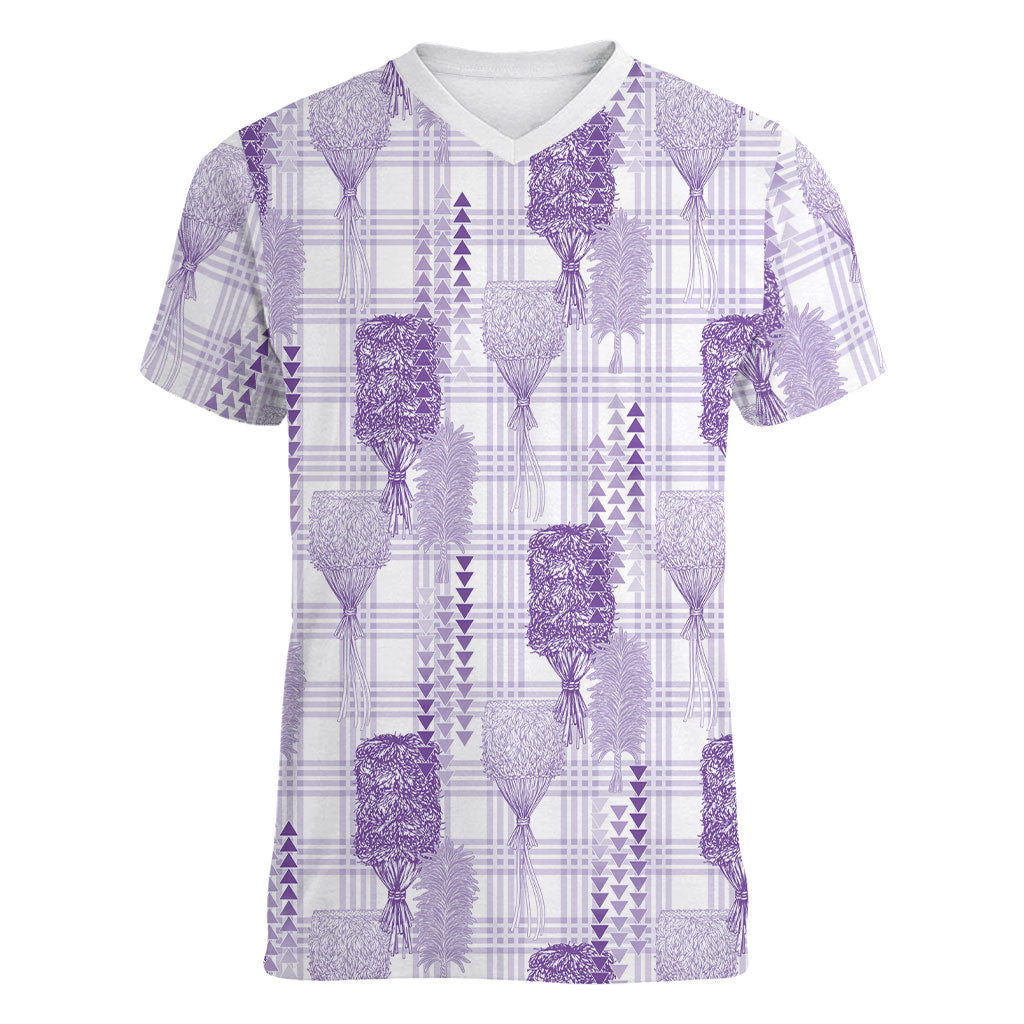Aloha Hawaii Vintage Kahili Pa'a Lima Women V-Neck T-Shirt Palaka Print Pastel Lavender LT7 Female Lavender - Polynesian Pride