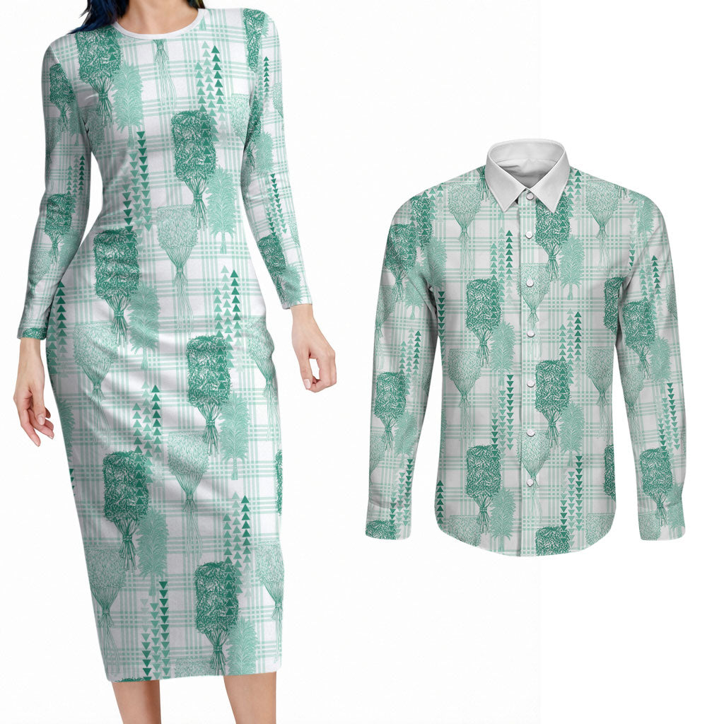 Aloha Hawaii Vintage Kahili Pa'a Lima Couples Matching Long Sleeve Bodycon Dress and Long Sleeve Button Shirt Palaka Print Mossy Teal