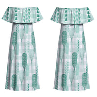 Aloha Hawaii Vintage Kahili Pa'a Lima Couples Matching Off Shoulder Maxi Dress and Long Sleeve Button Shirt Palaka Print Mossy Teal