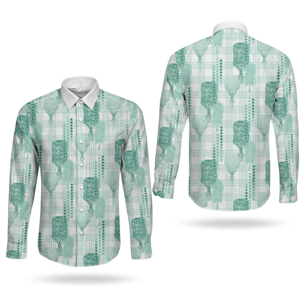 Aloha Hawaii Vintage Kahili Pa'a Lima Couples Matching Off Shoulder Short Dress and Long Sleeve Button Shirt Palaka Print Mossy Teal