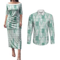 Aloha Hawaii Vintage Kahili Pa'a Lima Couples Matching Puletasi and Long Sleeve Button Shirt Palaka Print Mossy Teal