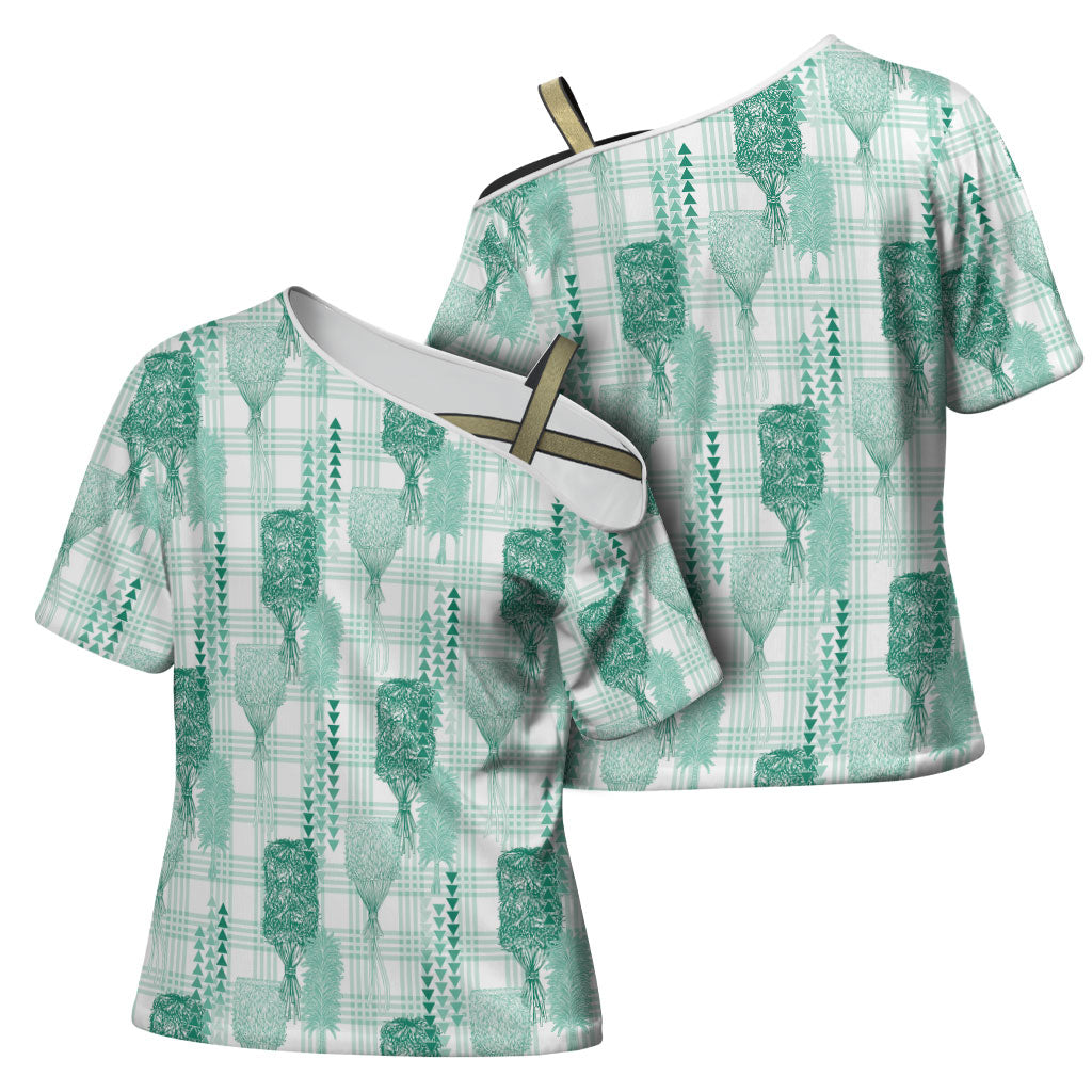 Aloha Hawaii Vintage Kahili Pa'a Lima Cross Shoulder Shirt Palaka Print Mossy Teal