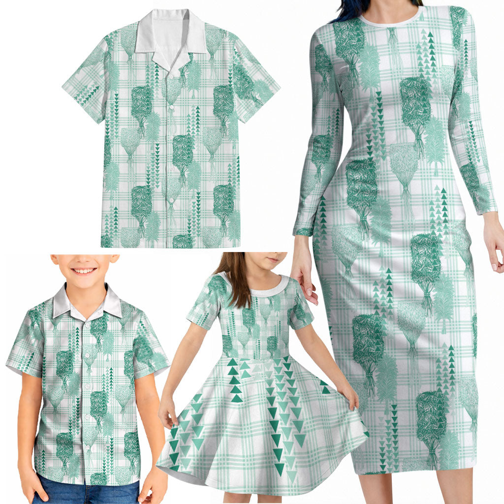 Aloha Hawaii Vintage Kahili Pa'a Lima Family Matching Long Sleeve Bodycon Dress and Hawaiian Shirt Palaka Print Mossy Teal LT7 - Polynesian Pride
