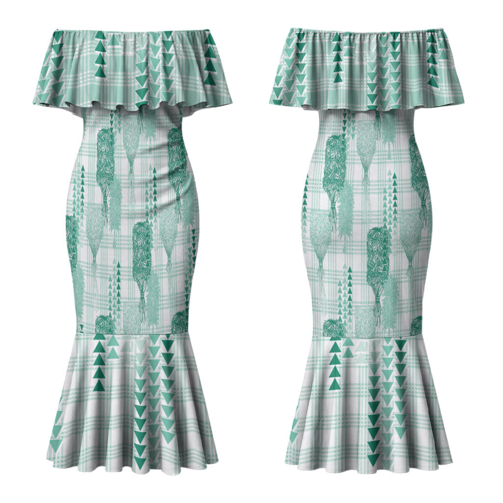 Aloha Hawaii Vintage Kahili Pa'a Lima Family Matching Mermaid Dress and Hawaiian Shirt Palaka Print Mossy Teal