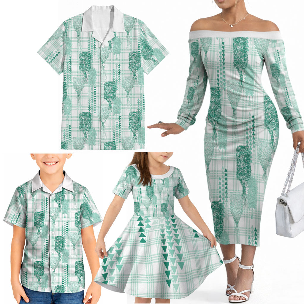 Aloha Hawaii Vintage Kahili Pa'a Lima Family Matching Off The Shoulder Long Sleeve Dress and Hawaiian Shirt Palaka Print Mossy Teal LT7 - Polynesian Pride